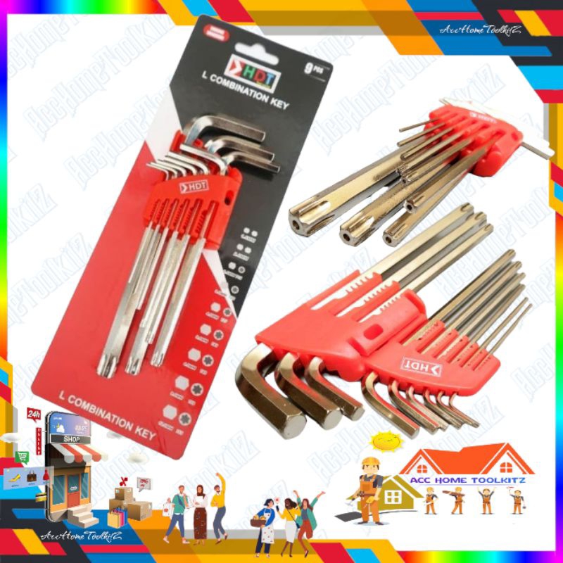 Kunci L Set 9 PCS HDT Bintang Panjang Segi 6 Combination Long Hex-Torx L Key