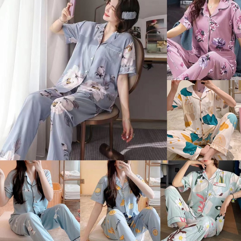 NEW!!! Ready Stock Baju Tidur Piyama Set Kemeja Celana Panjang Baju Lengan Pendek / Piyama Import / Premium Quality / Baju Tidur Import / Baju Tidur Murah / Piyama Set / Baju Per Set Tidur