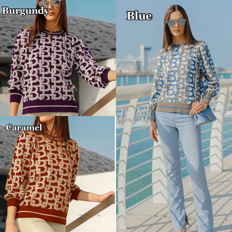 MONOGRAM PUFFY SLEEVE SWEATER - CARAMEL BLUE BURGUNDY Benang jarum benangjarum XS S M L XL XXL butto