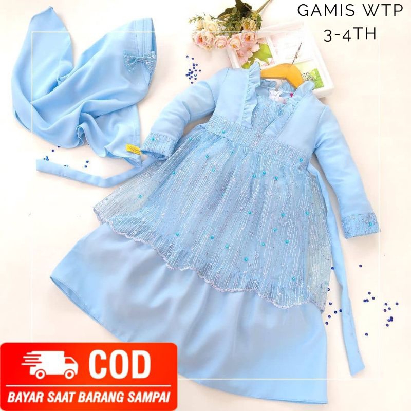 LABELLA GAMIS TUTU BROKAT ANAK BALITA CEWEK USIA 3-4 TAHUN BAJU MUSLIM POLOS TILE POLOS WARNA BIRU P