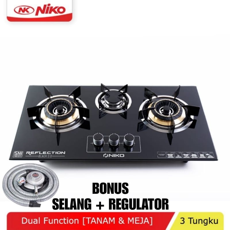 Niko Reflection Gold BLACK 3.0   Kompor Gas ,  Kaca  ,  Tanam 3 Tungku Knob Otomatis3