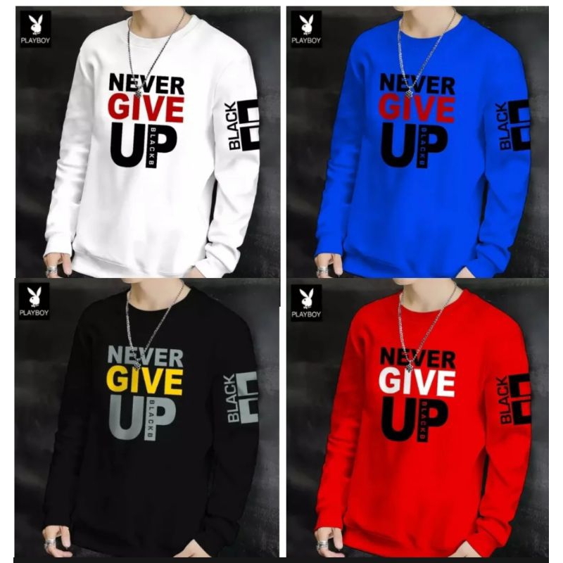 Baju Kaos Pria Lengan Panjang Never Give Up Keren Kaos Distro Original Pria M L XL XXL