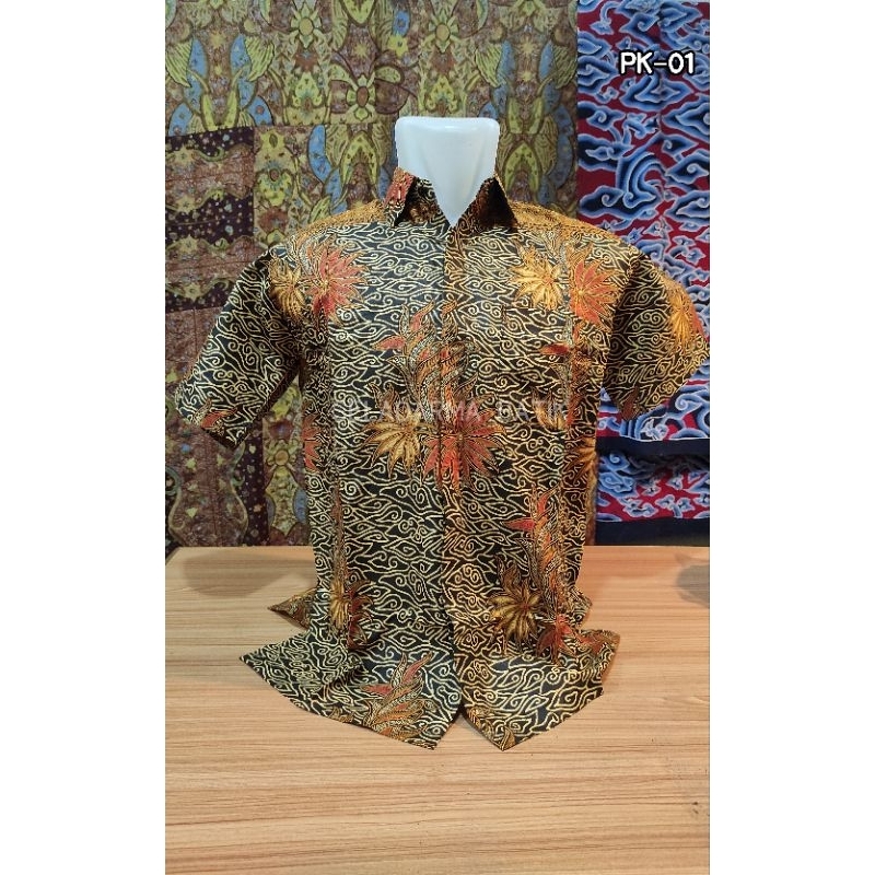 Kemeja Batik/Baju Batik Pria Lengan Pendek Warna Gold Mewah Murah L