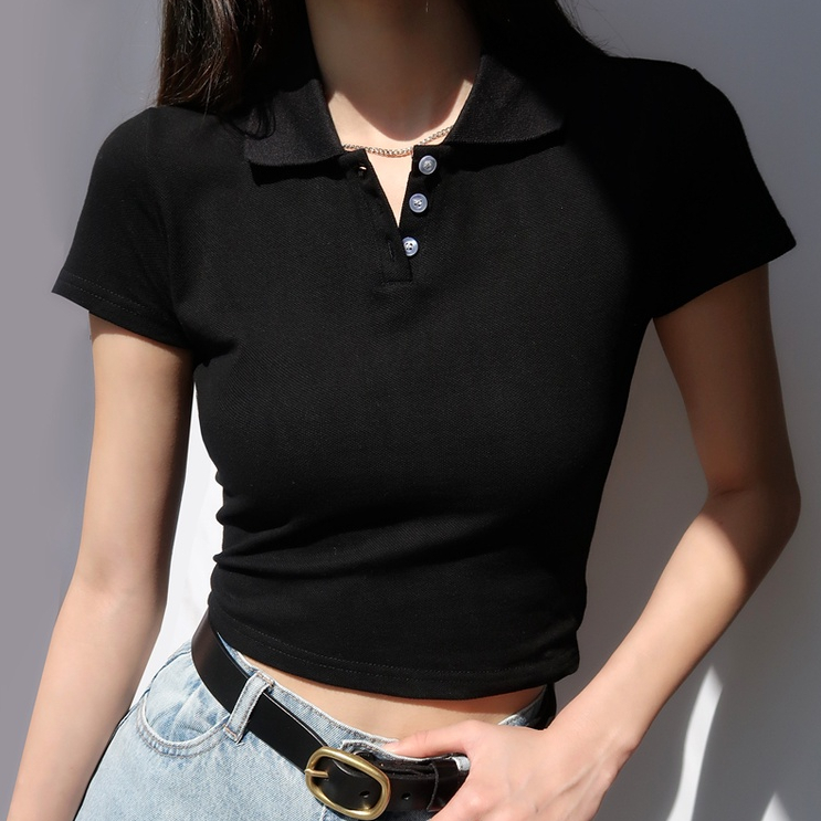[Premium] Korean Plain Solid  Short Sleeve Polo Crop Top 7028 S/M/L