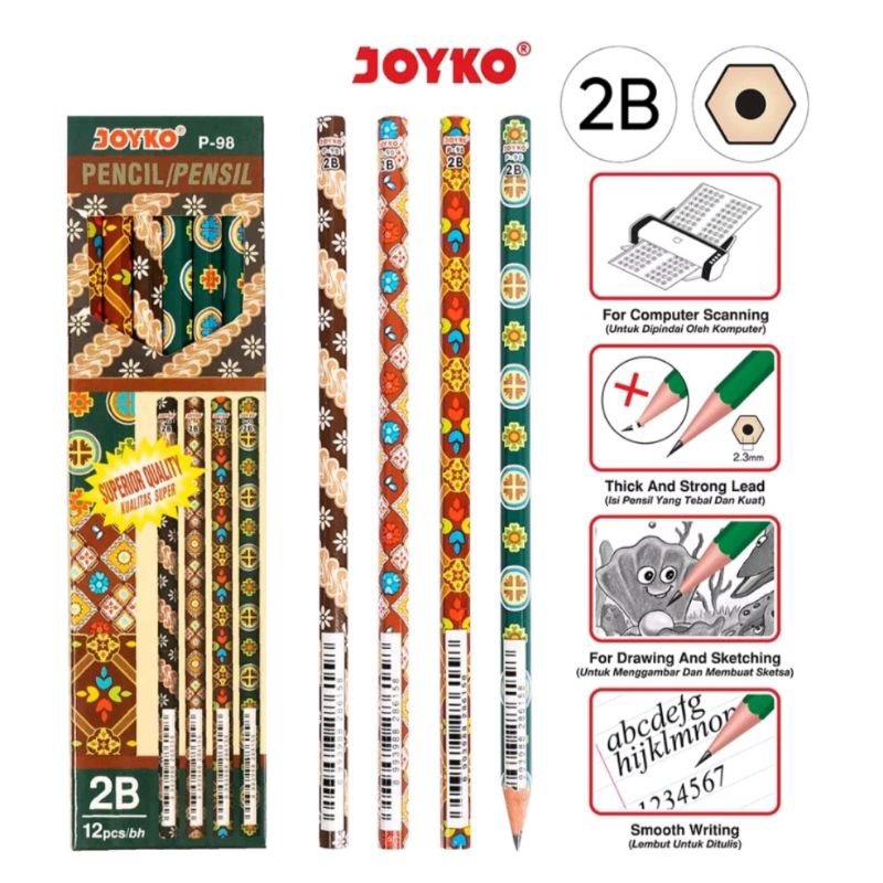 Pensil Kayu Hitam 2B Joyko Warna Warni P 8126 P 8127 P 88 P 91 P 92 P 93 P 94 P 98 P 100 P 101 P 107 1 pajk isi 12 pensil