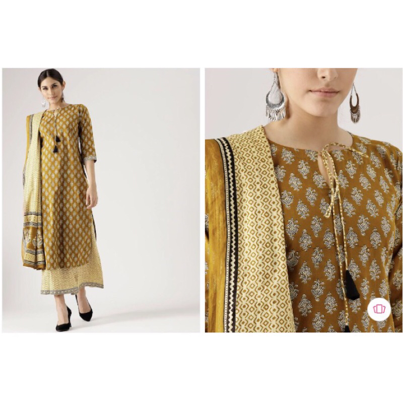 Kurti India Size XS M L XL XXL Brand Libas Set Celana &amp; Selendang / Libas Women Olive Green &amp; Beige Printed Kurta with Palazzos &amp; Dupatta / Baju Lebaran Wanita / Dress India / Baju Pesta India