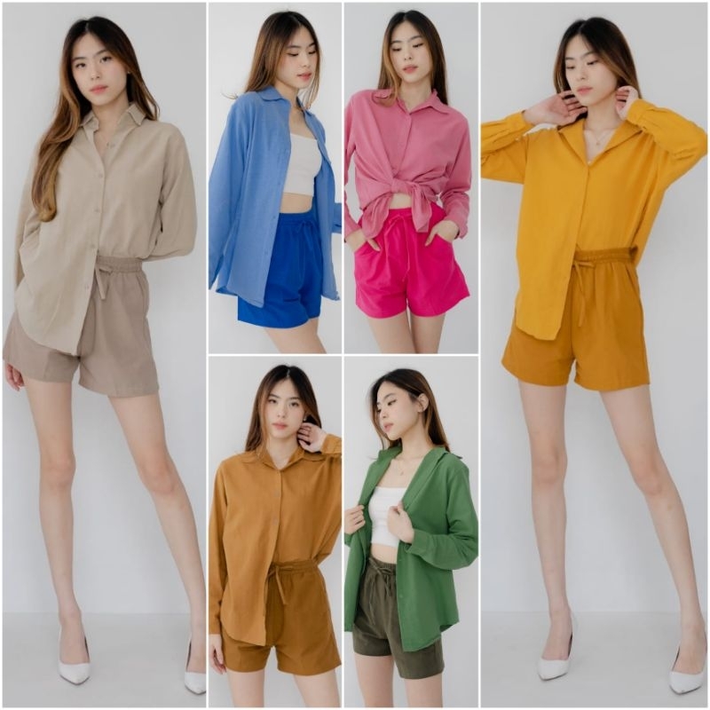 ⚡️CLEARANCE SALE ♡ PREMIUM ♡ ORIGINAL ! JANESSA TWO TONE  2 IN 1 SET LONG SLEEVE COLLAR  BUTTON SHIRT WITH SHORT PANpTS / SETELAN POLOS KEMEJA &amp; CELANA PENDEK ( BUSUI FRIENDLY )