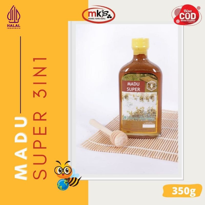 

Madu Super 350g - Madu Kota Batu - 3in1 (madu + Beepolen + Royal Jelly) Botol kaca