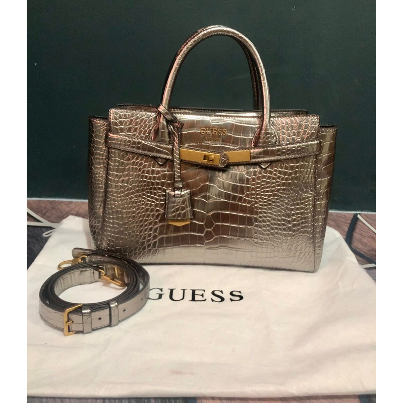 Tas Wanita GUESS ENISA HIGH SOCIETY SATCHEL Metalic Croco Top Handle & Sling Bag ORIGiN