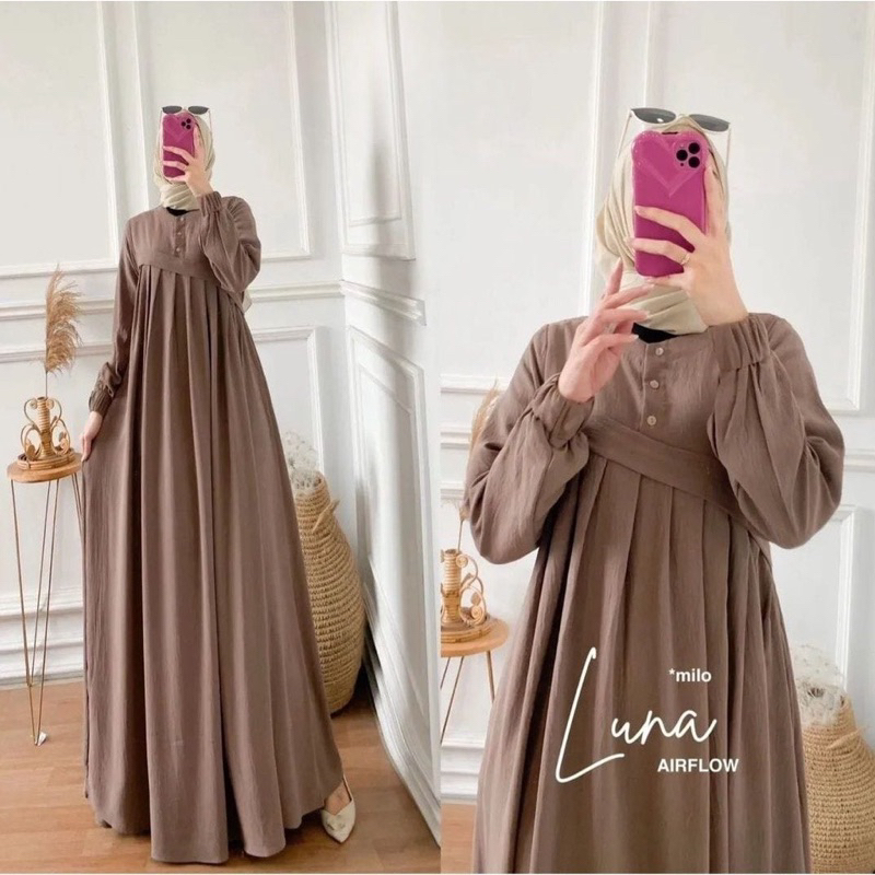 Luna Dress Crinkle Airflow Premium Maxi Gamis lebaran