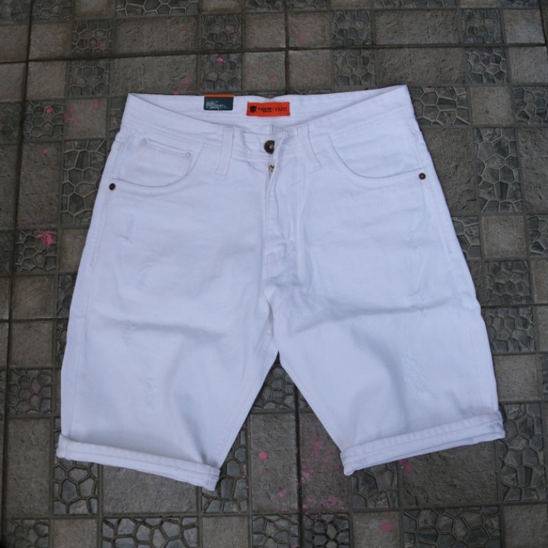 Celana Jeans Pendek Putih Pria Sobek