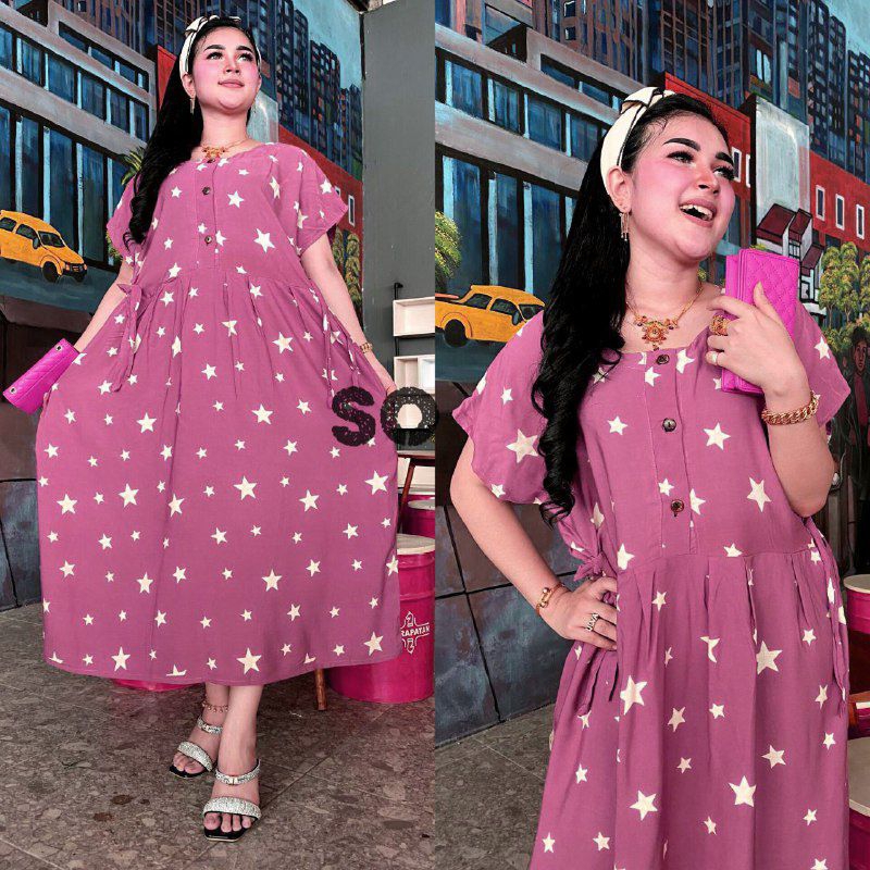 CHIBI DASTER JUMBO RAYON MOTIF BINTANG DRESS IBU HAMIL DAN MENYUSUI