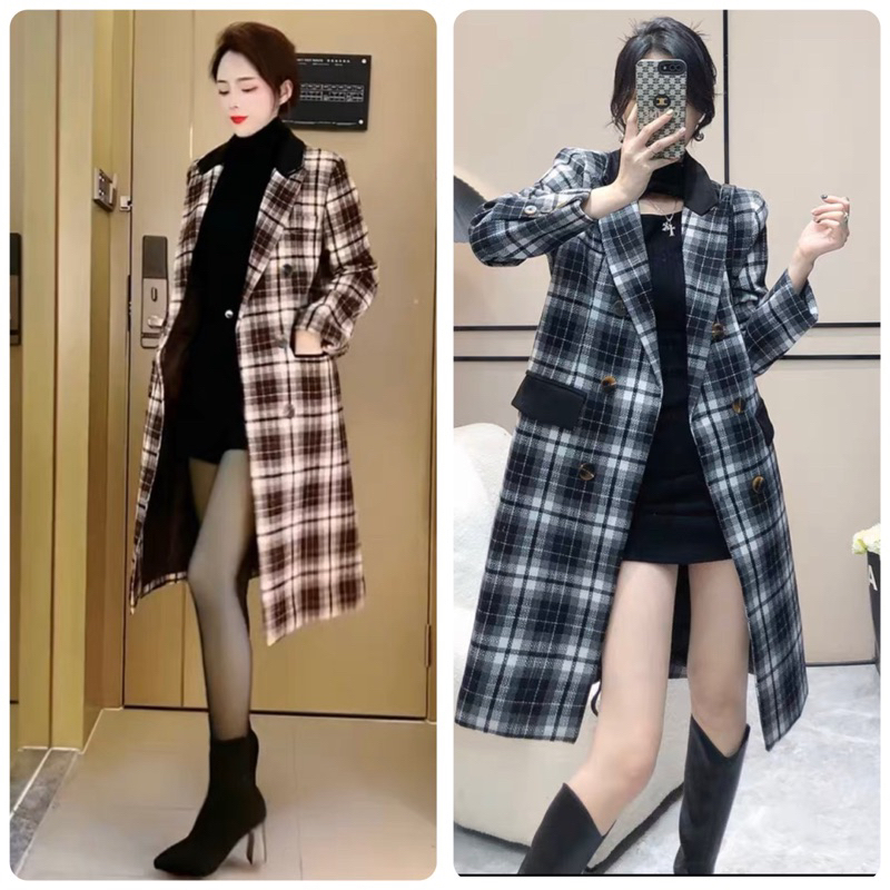OUTER LONG COAT WANITA SLIMFIT MOTIF KOTAK BAHAN WOOL PREMIUM