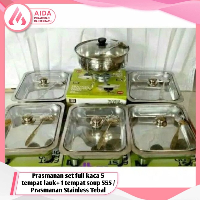 PROMO prasmanan set full kaca 5 tempat lauk+ 1 tempat soup 555 / Prasmanan Stainless Tebal
