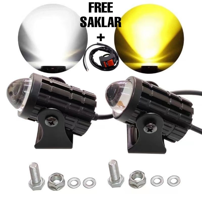 2 PCS LAMPU PLUS SAKLAR LAMPU TEMBAK MINI DRIVING LASER GUN D2 OVAL PUTIH - KUNING MOTOR MOBIL TERANG HIGH LOW FREE SAKLAR