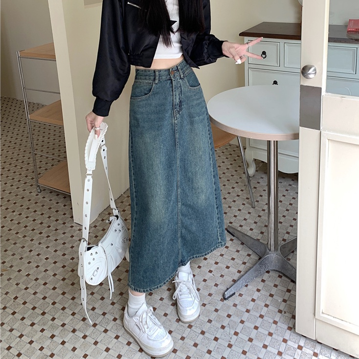 ROK Jeans Wanita Biru Retro / Highwaist Kasual Rok A-line Denim Wanita Korean