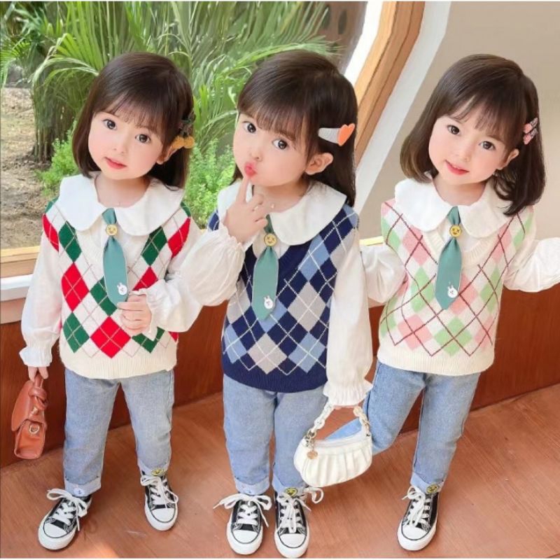 setelan 4in 1 vest rajut  import (dapat dasi) / setelan kemeja rompi anak perempuan import / setelan