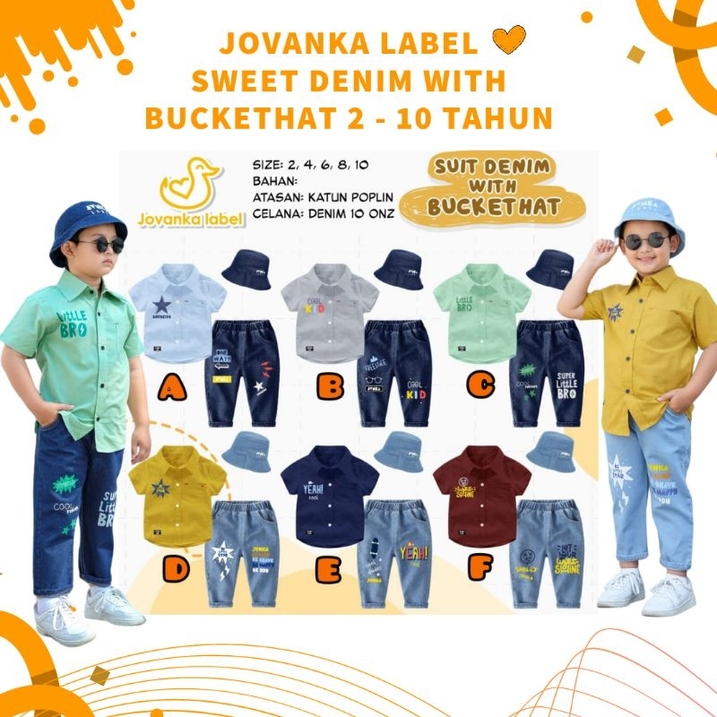 JOVANKA LABEL SUIT DENIM WIT BUCKETHAT SET KEMEJA STELAN KEMEJA ANAK 6 7 8 9 10 TAHUN FREE BUCKETHAT