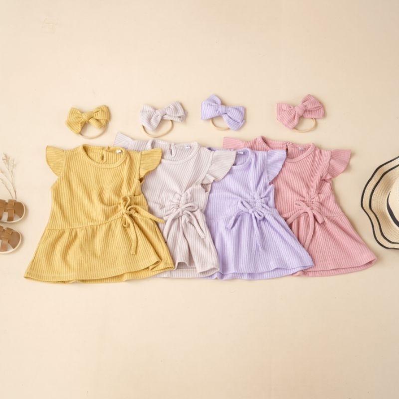 Dress bayi Aluna bahan katun knit waffle bonus headband 0-12 bulan