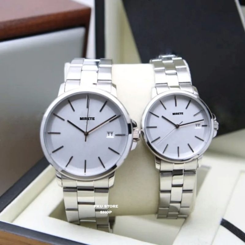 [READY STOK]Couple Terlaris Mirete Original Anti Air Fitur Tanggal Aktif Tali Rantai stainliss stell - Jam Tangan Pria/Wanita Simple Dan elegan - Jam Tangan Couple kekinian Terlaris  - Jam Tangan Pria Kasual Analog Import Mewah Bisa Cod