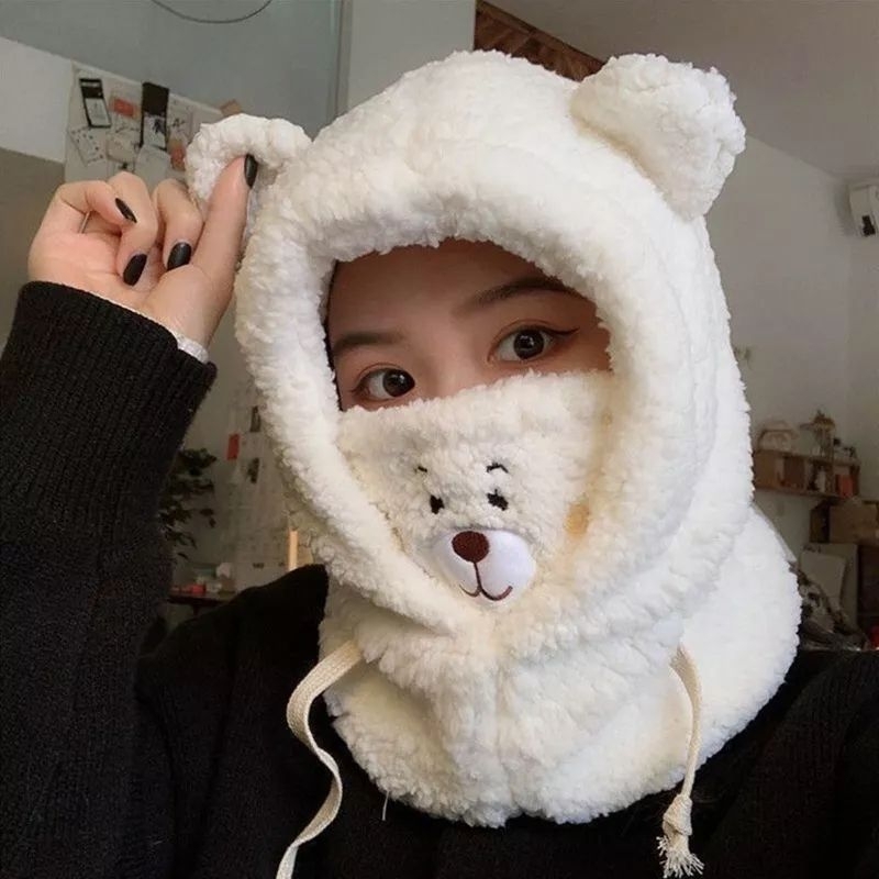 topi kupluk masker bear kawaii 2in1 serut / Topi Kupluk Plush Gaya Korea Aksen Telinga Beruang Untuk Anak Perempuan kepala beruang tali dagu