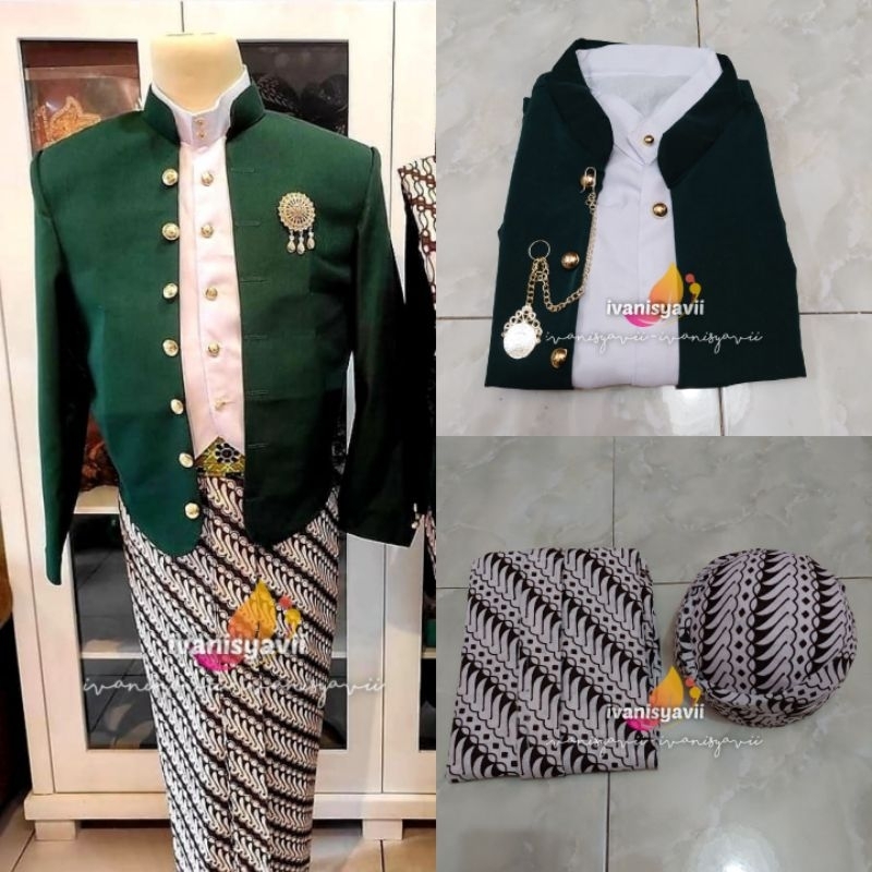 [1sst] Baju Manggolo / Beskap + Jarik + Blangkon || Nuansa Hewes Hijau - Motif Lereng Canting