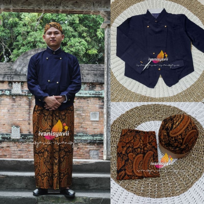 [1set] Baju Adat Jawa / Beskap, Jarik + Blangkon Solo | Navy - SNSR