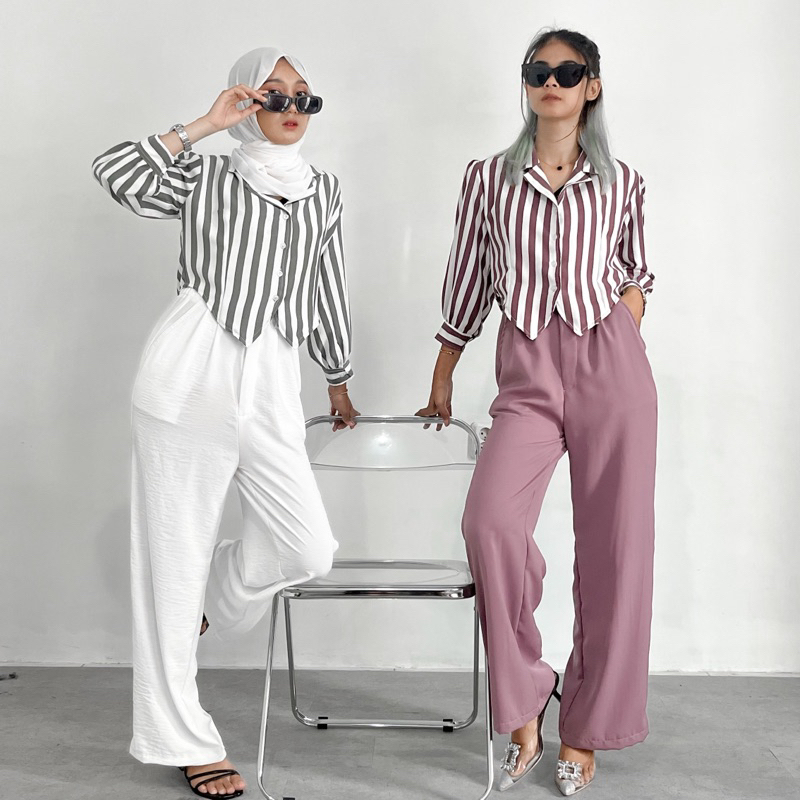 Atasan Kemeja Wanita Stripe Tangan Puff