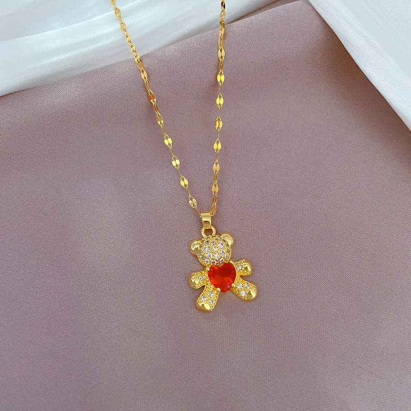 kalung titanium cantik boneka teddy merah