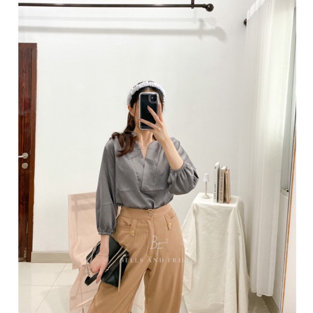 LIANA Blouse Satin V-Neck / Atasan Wanita Basic / Kemeja Basic Kantor 0421