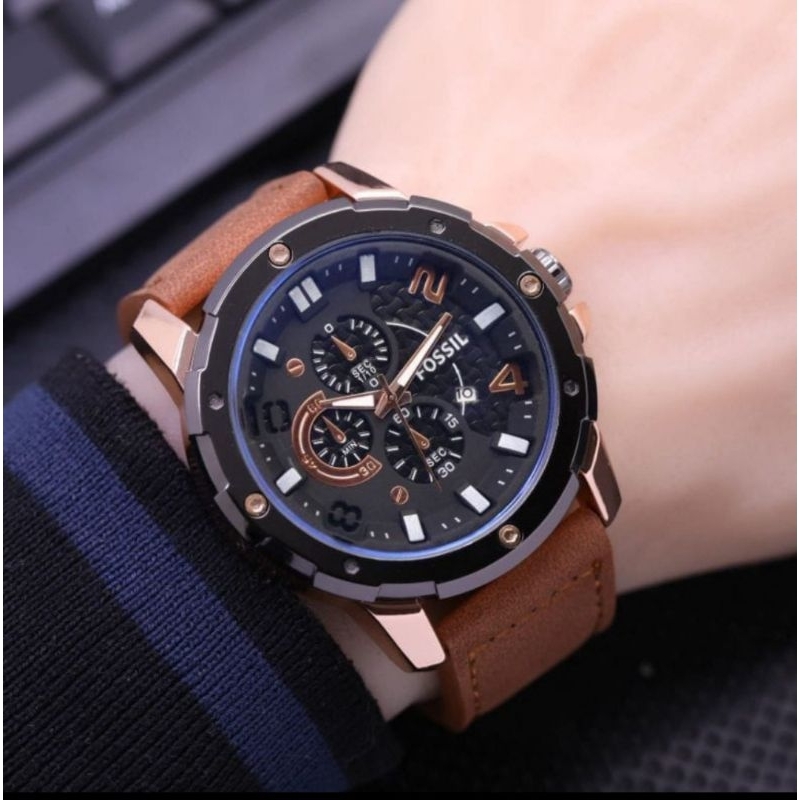 BISA COD | JAM TANGAN KULIT PRIA FO55IL 8896  Elegan tanggal aktif