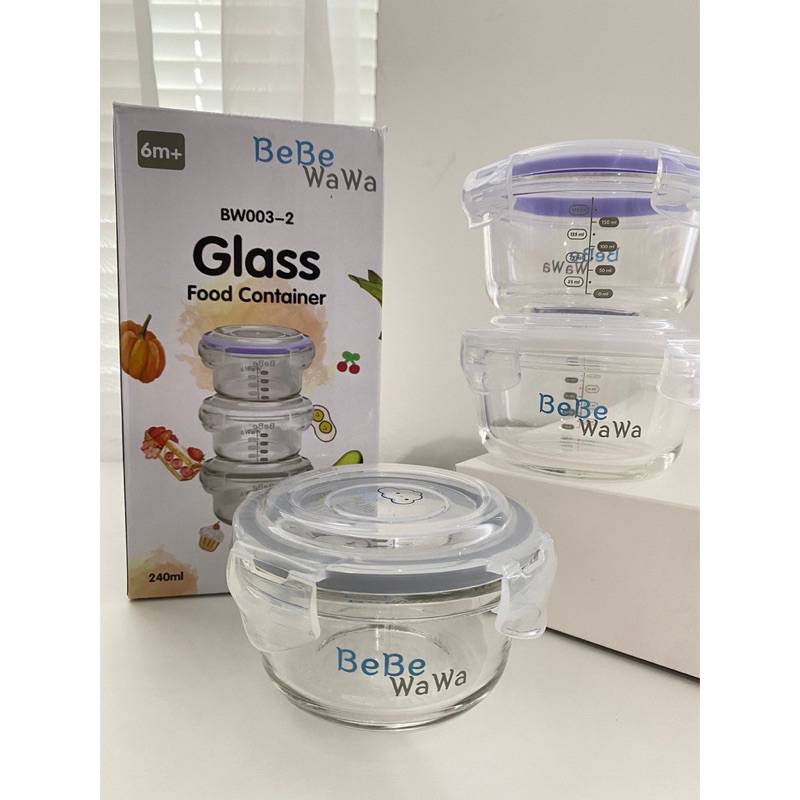 PROMO SEN TERLARIS 3pcs 240ml Baby Glass Food Container BW003-2 / Glass Storage MPasi + penutup BPA FREE / Mangkok Kaca Tempat Makan Bayi
