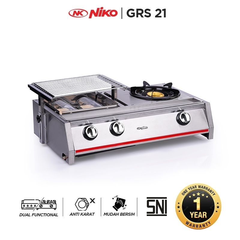Niko NK GRS21 - Niko Kompor 1 Tungku + Panggangan Gas Roaster BBQ 2 Tungku Stainless