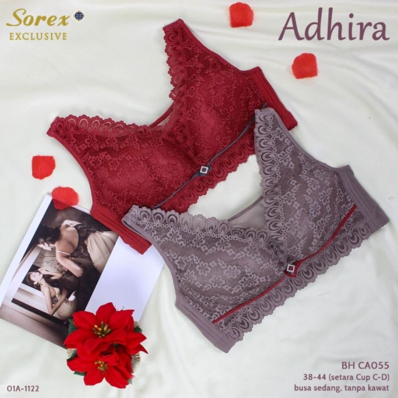 Bra Sorex CA 055 Adhira renda premium cup C- D, tanpa kawat, busa 38-44