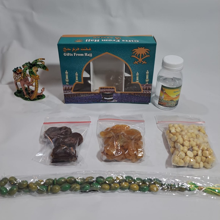 PAKET 1 oleh oleh haji dan umroh air zamzam ori + kacang arab + tasbih FIBER/KAYU