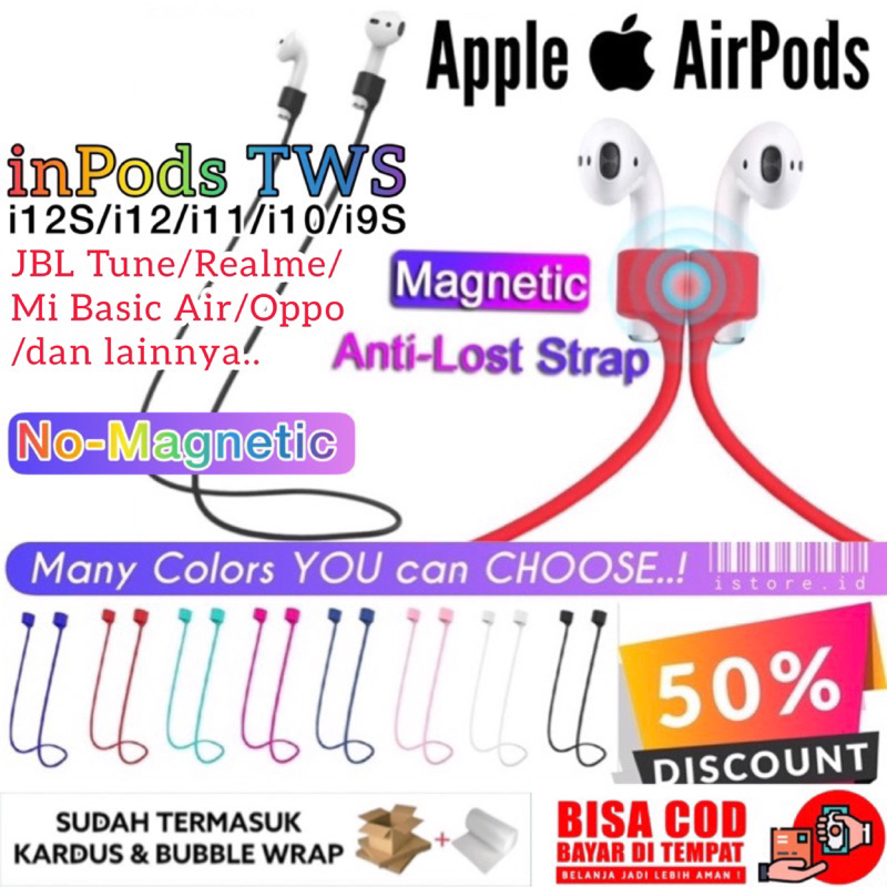 Apple Airpods Strap Tali Leher Magnet Anti Lost Rope Hilang Kabel Earpods Bluetooth Headset Airpods Pro Huawei inPods i9 i10 i11 i12 TWS i12S Realme Buds Air Mi Basic Air SE Oppo X JBL Tune Silicone Red White Pink Lanyard Macaron Magnetic Eartips Karet