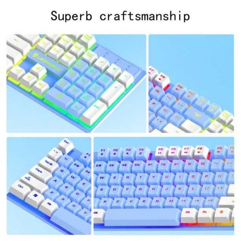 LEORQEON Gaming Keyboard RGB Backlight Mechanical Feel Waterproof - N35 Blue White