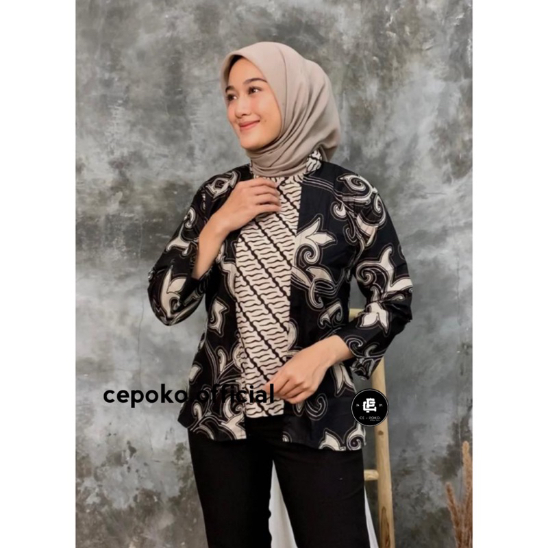 Blouse Batik Kerja Wanita Motif Kangkung Hitam