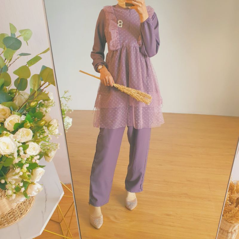 setelan celana pearly set organza// eleana set tile dot susun / elsire one set tile dot // dotty set