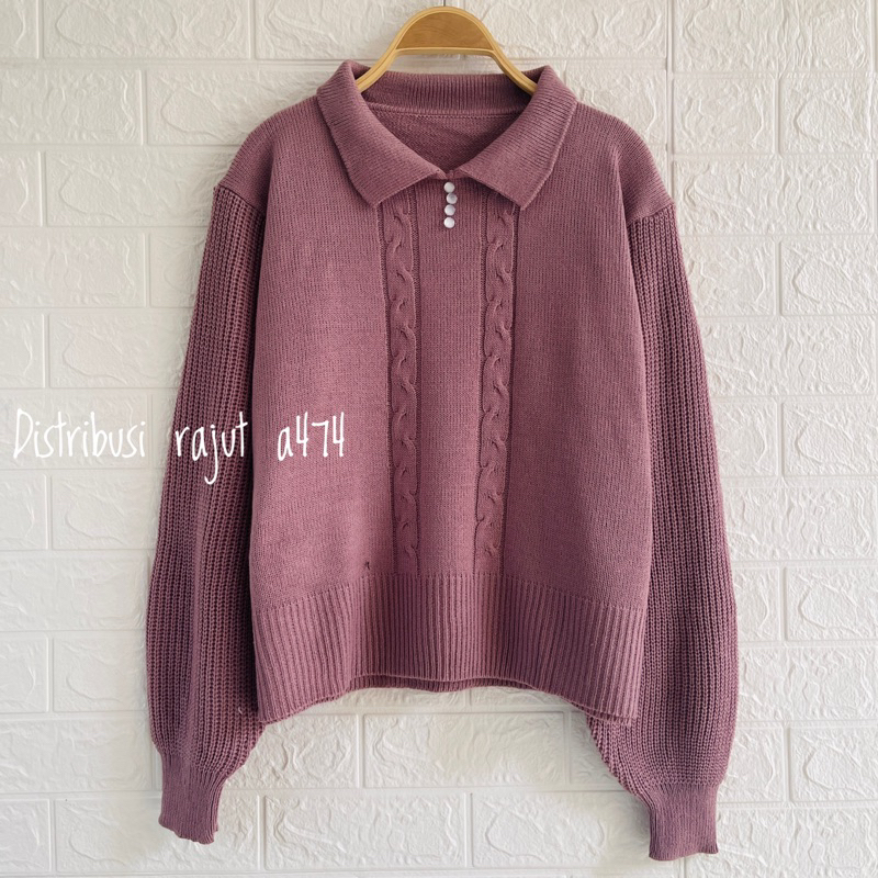 SHELLA POLO SWEATER RAJUT MOTIF GARIS CABLE ATASAN LENGAN PANJANG WANITA OVERSIZE