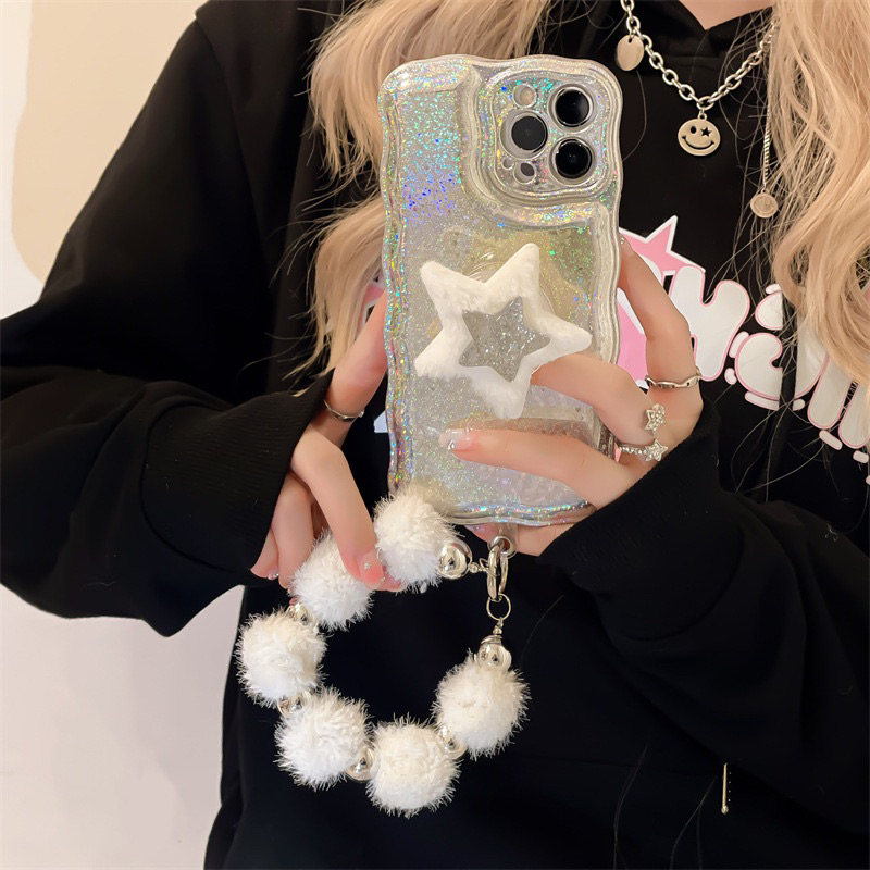 Shimmer Star with Pom Pom Chain Softcase Casing Case HP Lucu iphone XS XS Max XR 11 Pro Max 12 Pro Max 13 Pro Max 14 Pro Max