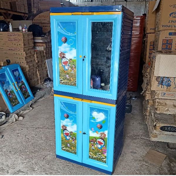 Lemari Pakaian Plastik Doraemon 4P "Ivory" Kaca + Kunci gantung atau full 4 rak