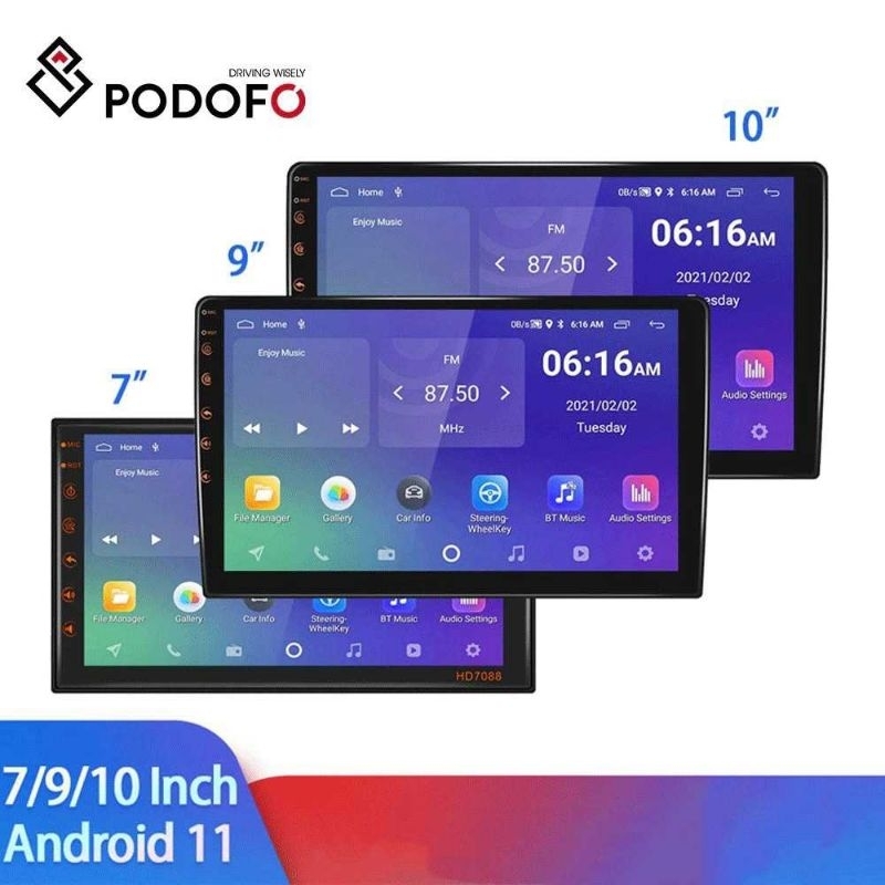 Podofo Head Unit Mobil 9&quot; screen Double Din Media Player GPS 16GB Android 11 - 8229