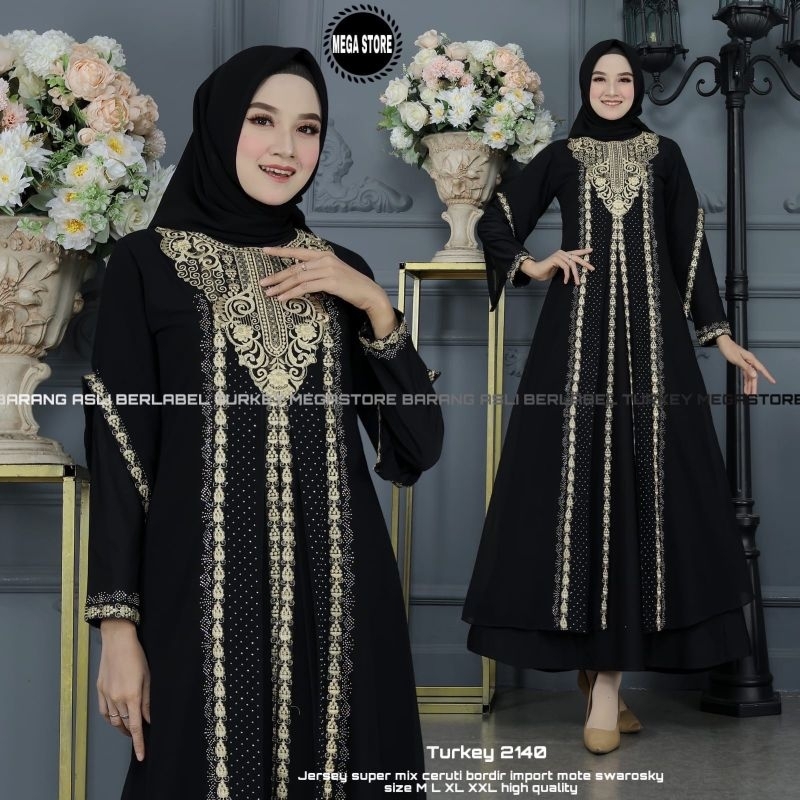 Baju Gamis Wanita Abaya Turkey Turki Hitam 2140 Dress Dres Jubah Hitam Ori Megastore