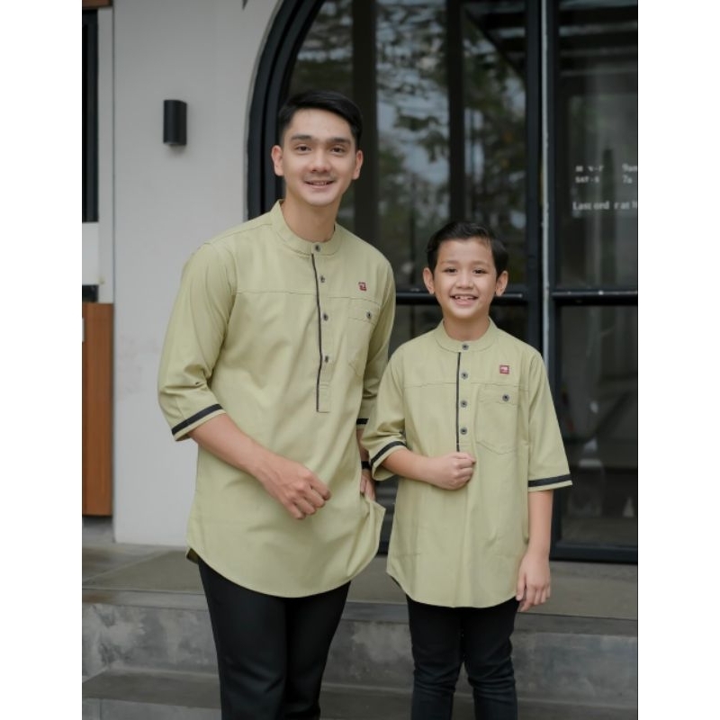 Baju Koko Kurta Couple Ayah Anak Lengan Pendek 3/4 Sage Green