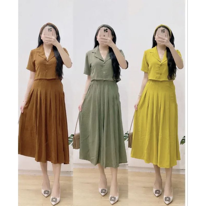 04569 MADIECA BUTTON COLLAR AIRFLOW LONG SKIRT SET ROK,