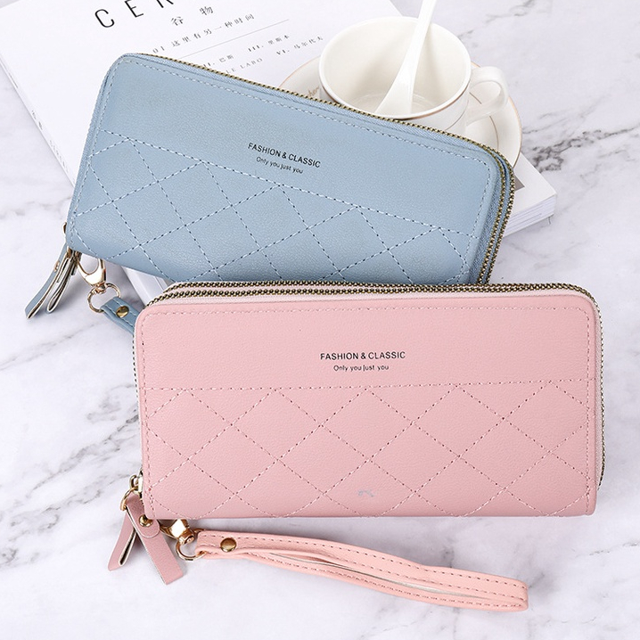 Dompet Panjang Lipat Zipper Multifungsi Tali Pendek Clutch Dompet Cewek 2 Resleting Women Wallet PU Satu7an D69