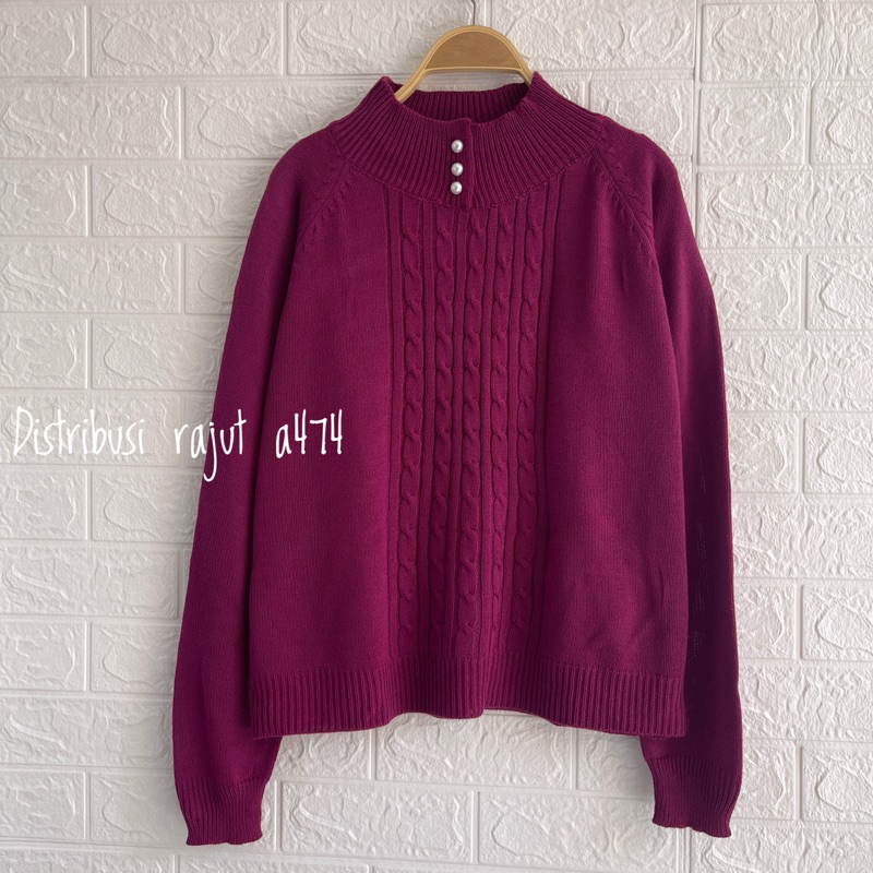 HOZURA SWEATER RAJUT KANCING MUTIARA MOTIF CABLE KERAH TINGGI WANITA OVERSIZE