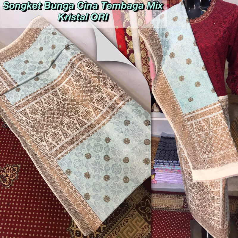 Songket Lepus Bunga Cina Tembaga Mix Kristal Asli Tenun Tangan Palembang/Warna Biru Telur Asin