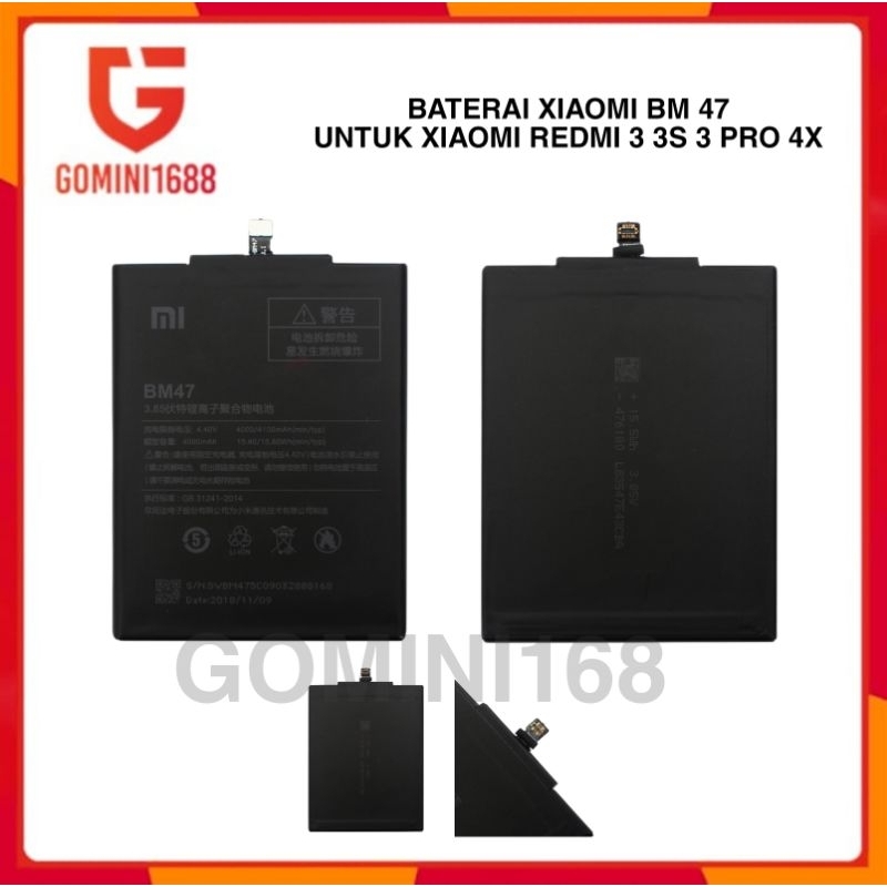 Baterai Hp XiaoMi Redmi 3, 3S, 3 Pro, 3X, 4X, BM47 Batrai Batre Battery BM 47